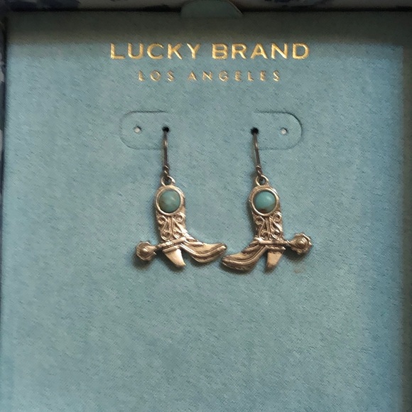 Lucky Brand Silver Tone Cowboy Boot Drop Earrings Turquoise Accent NWT - Picture 7 of 11